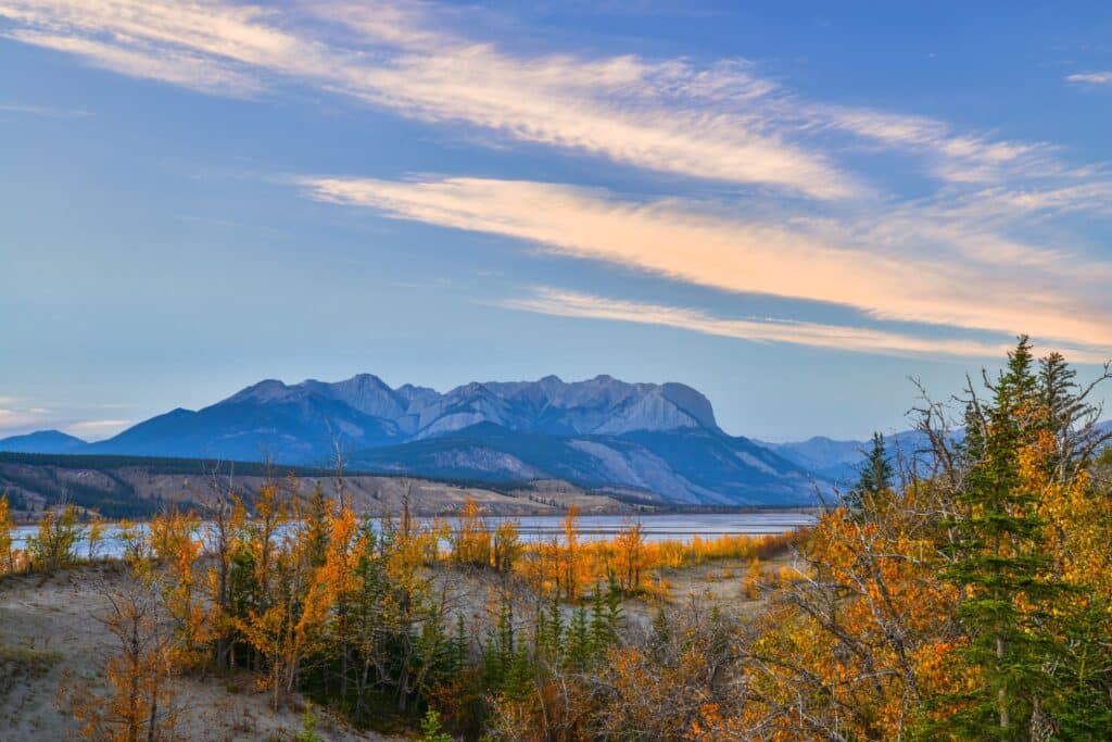 Paysage montagneux du Canada baigné dans la lumière de la Foliage Season avec des feuillages d'automne dorés.