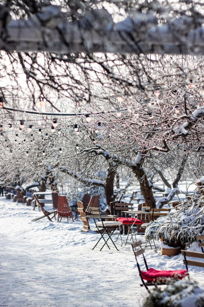 Terrasse extérieure sous la neige illuminée de guirlandes, incarnant le charme du bonheur danois en hiver