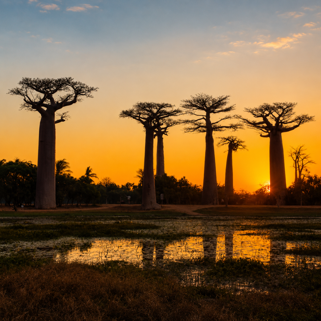 Silhouettes majestueuses de baobabs au coucher du soleil à Madagascar, étape romantique incontournable d'une parenthèse Horizon