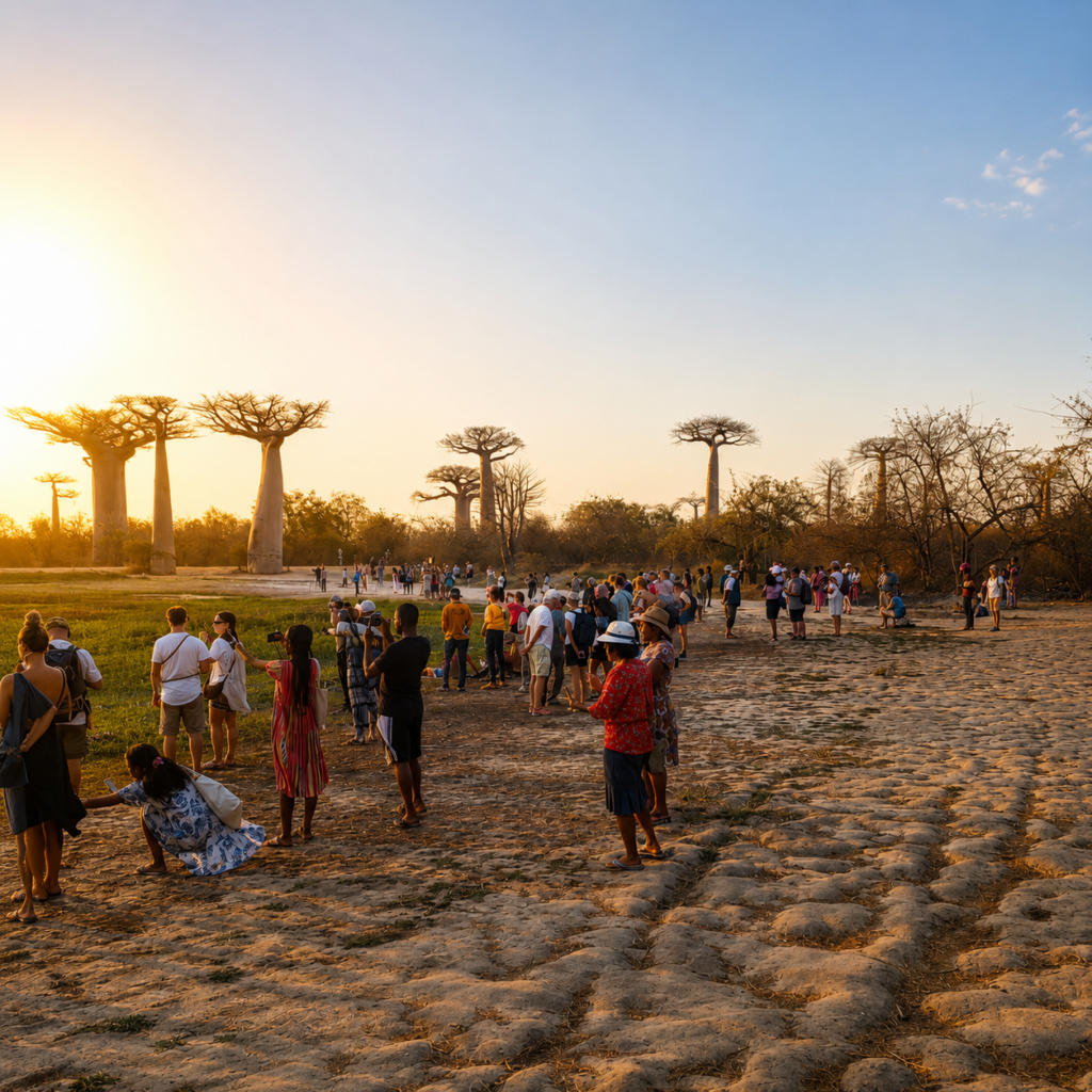 Coucher de soleil spectaculaire sur l'Allée des Baobabs à Madagascar, un cadre magique propice au partage et au Fihavanana.