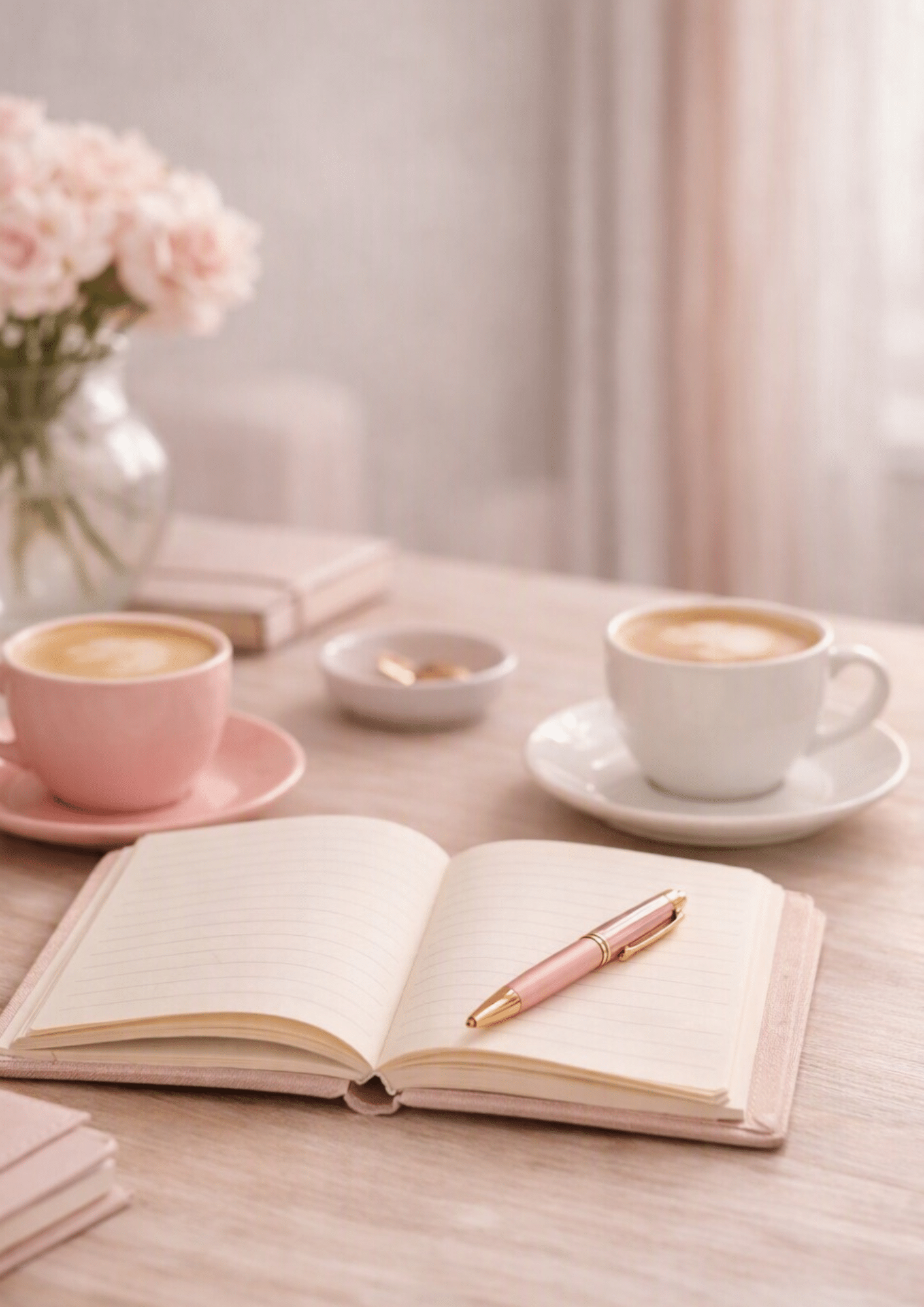 Ambiance douce et feutrée avec un carnet ouvert, un stylo et des tasses de café, illustrant la préparation de votre voyage sur-mesure lors d'un échange privilégié.