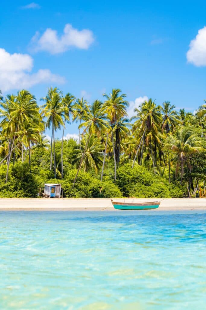 Pirogue traditionnelle flottant sur un lagon transparent bordé de palmiers à Madagascar, idéal pour un séjour d'exception en duo.