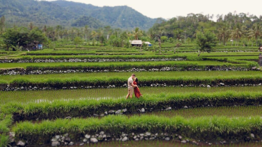 Deux voyageurs au milieu des rizières verdoyantes de Bali